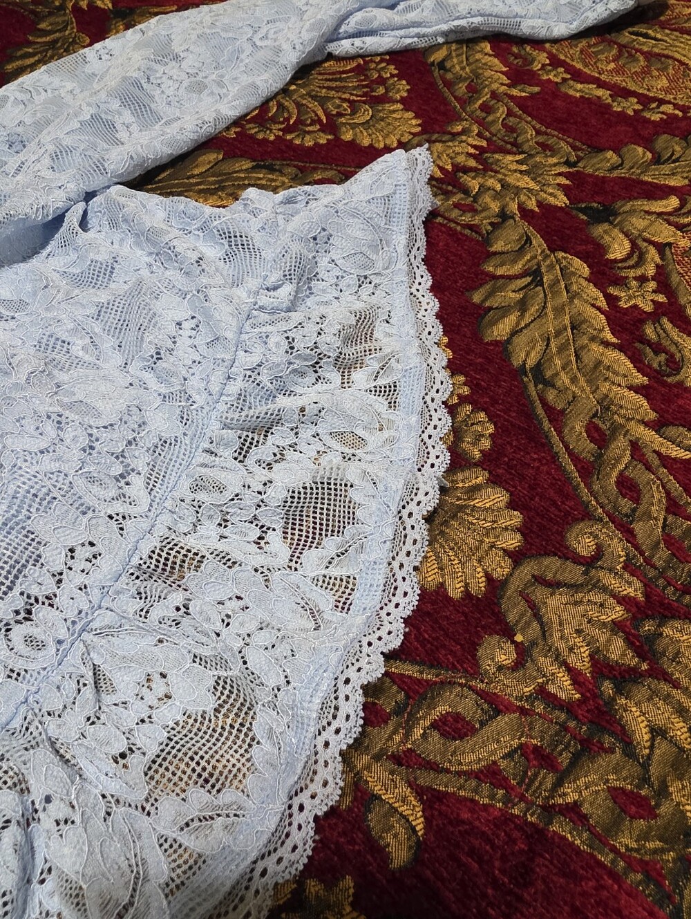 Sheer Lace Ruffle-Trim Blouse - Light Blue - Picture 7 of 11